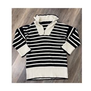 Blu Pepper Striped Sweater Quarter Zip Black Cream Size Small Chunky Knit